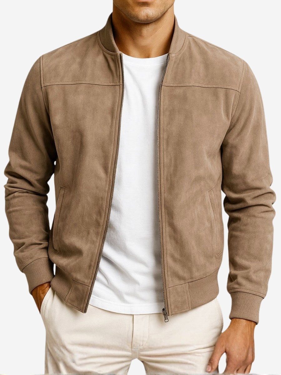 Man wearing brown suede smart jacket with white t-shirt