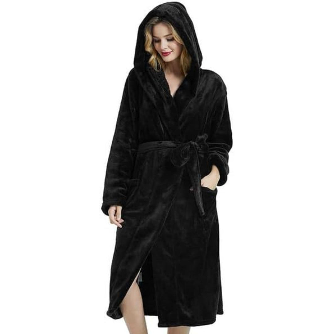 Plush winter bathrobe for women hanging up, highlighting the cozy hood