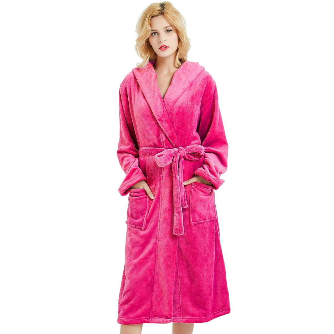 Plush hooded bathrobe for women showcasing the deep comfortable pockets