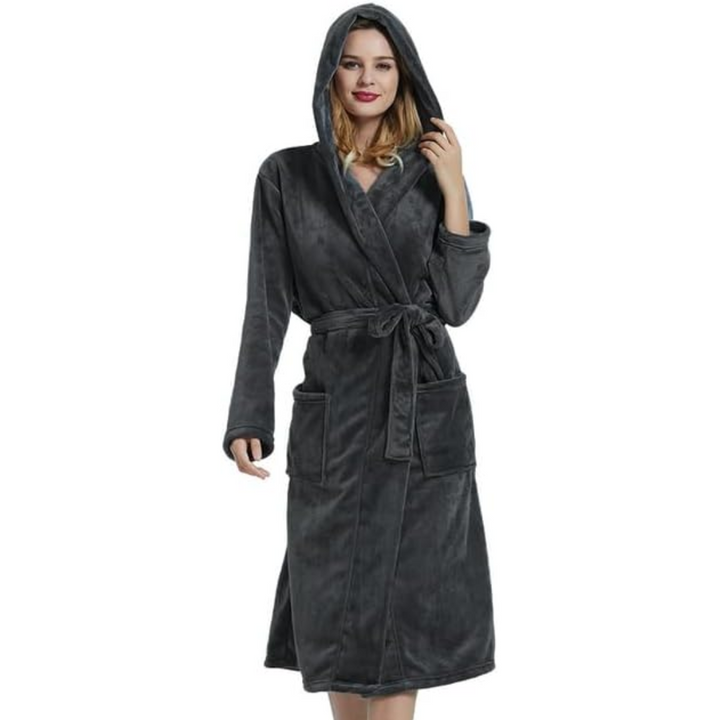 Warm loungewear fleece bathrobe showing detailed stitching and fabric texture