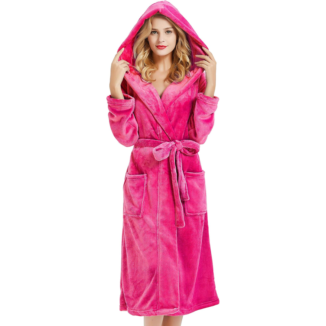 Woman wearing a pink hooded fleece bathrobe