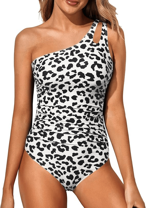 Back view of elegant asymmetrical one-piece beach swimwear