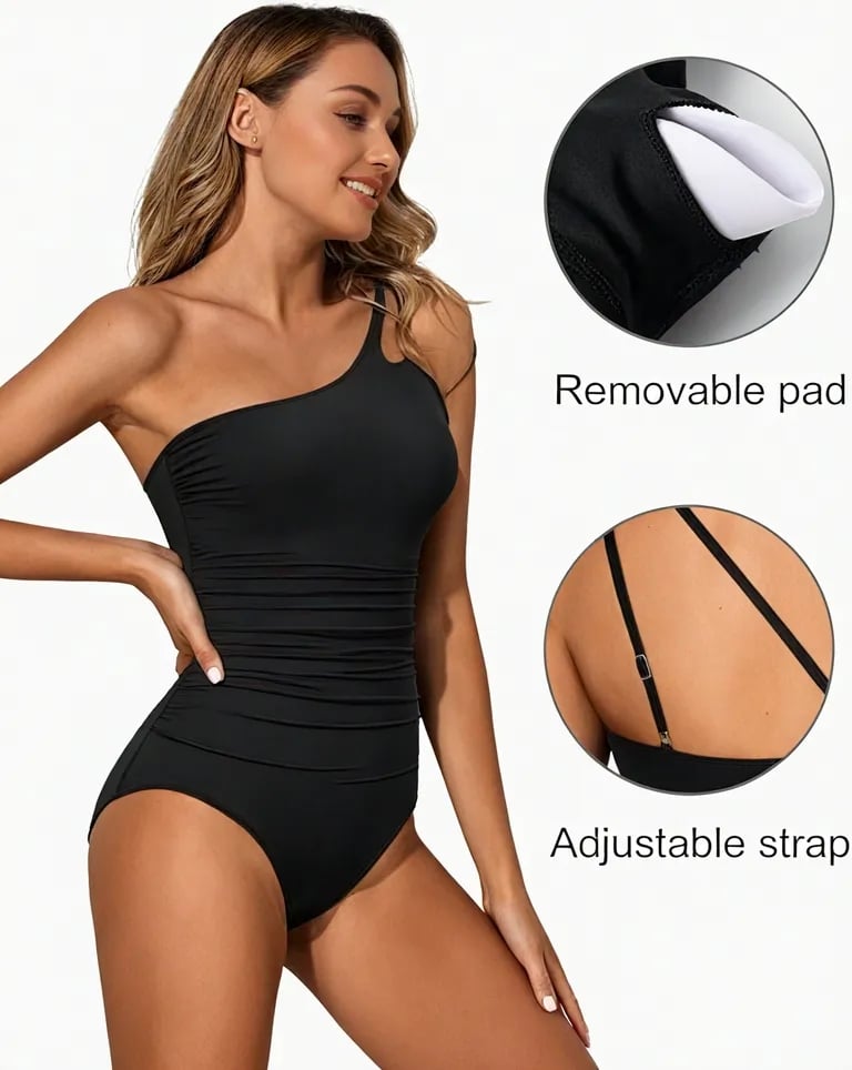 Womens one-shoulder swimsuit with tummy control in solid color