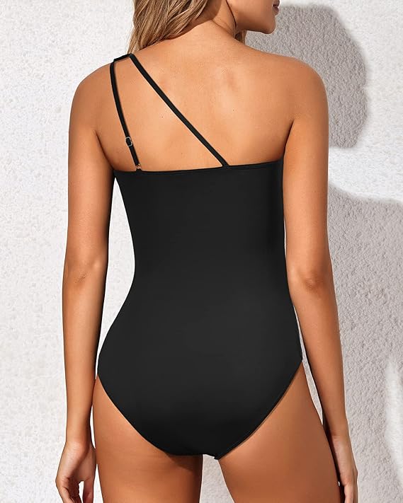 One-piece swimwear featuring asymmetrical shoulder strap design