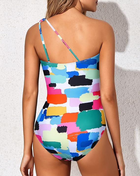Womens resort wear swimwear with sleek asymmetric neckline