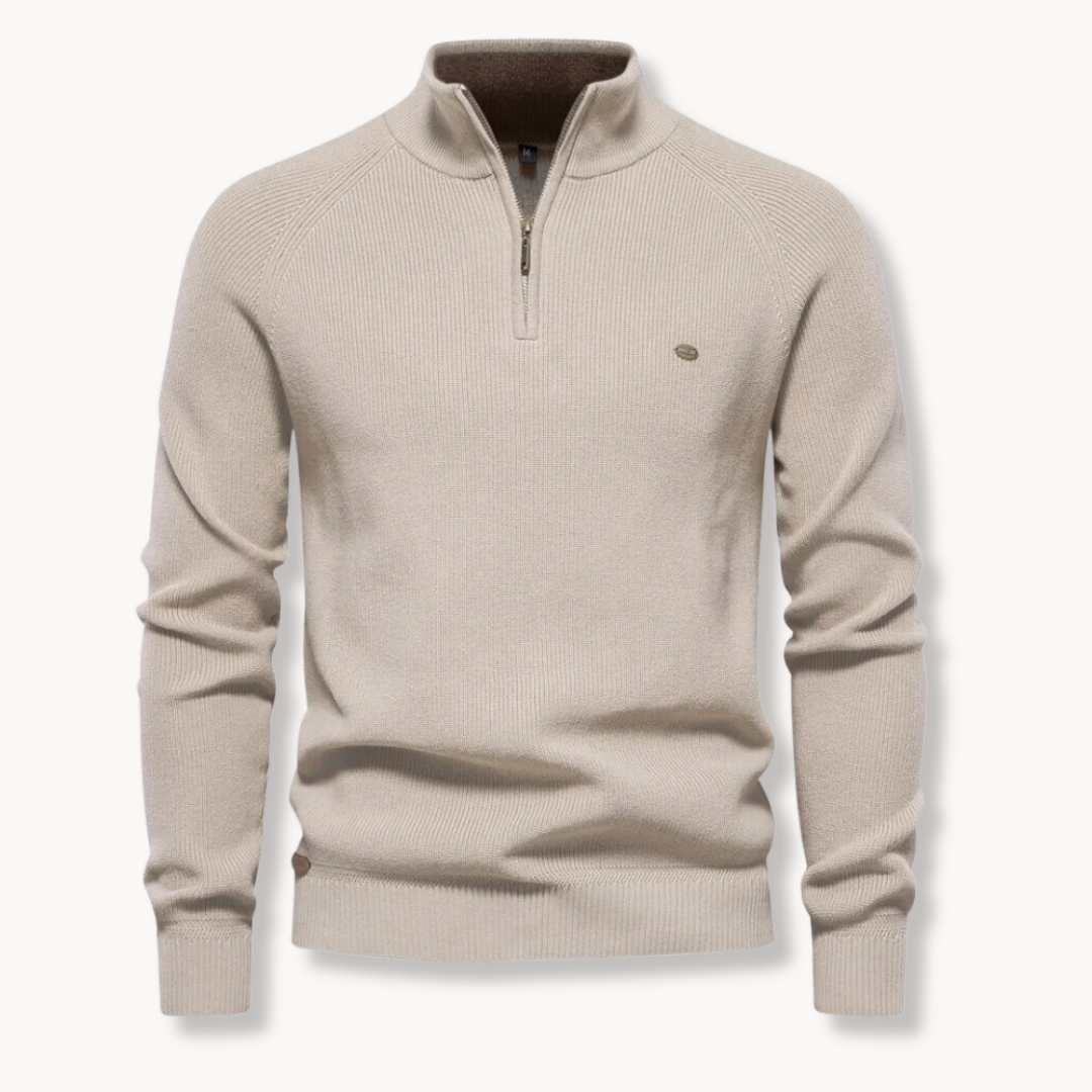 Men's khaki quarter zip ribbed knit sweater featuring raglan sleeves