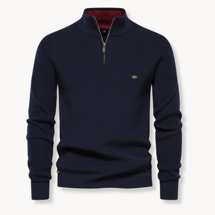 Men's navy blue quarter zip ribbed knit sweater with stand collar