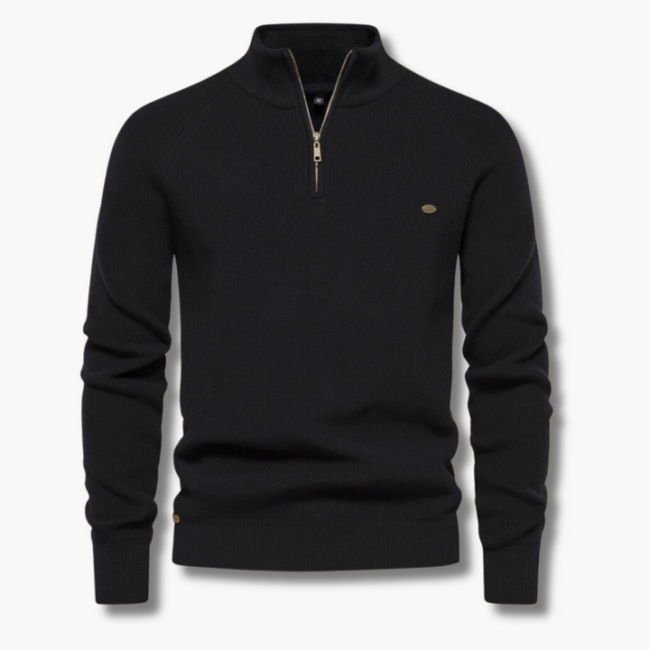 Men's black quarter zip ribbed knit pullover sweater