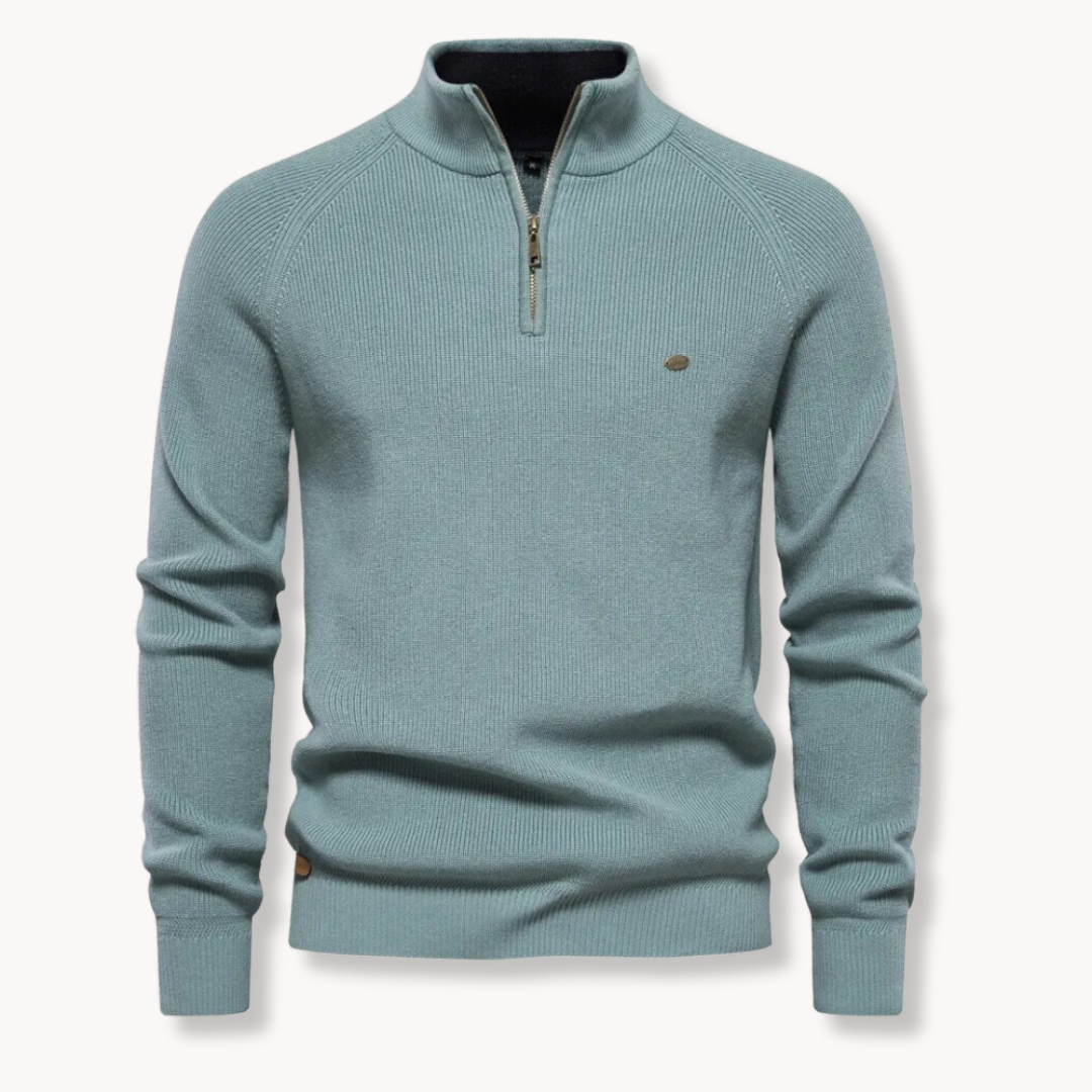 Mens ribbed knit quarter zip sweater featuring a stand collar for casual wear.