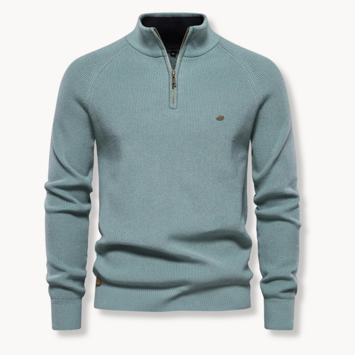 Mens ribbed knit quarter zip sweater featuring a stand collar for casual wear.