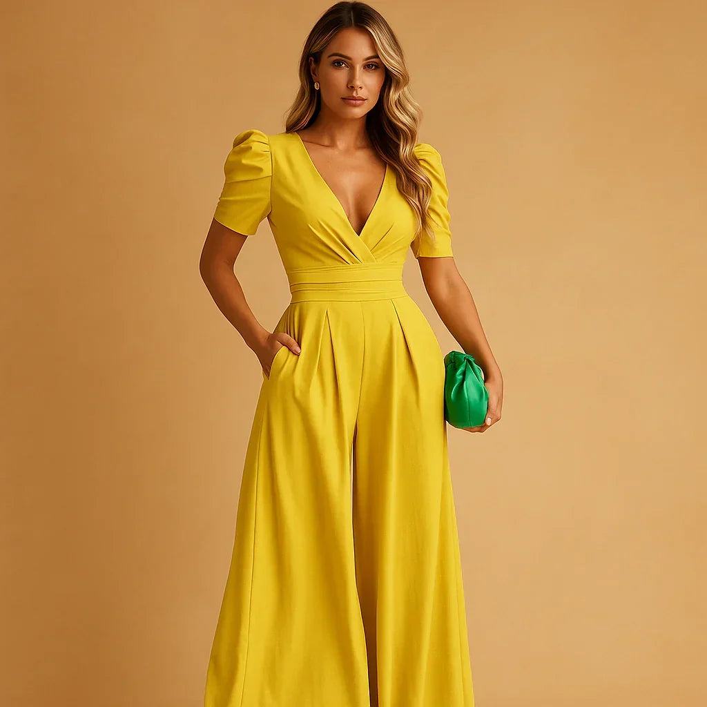 Woman wearing a bright yellow tailored puff-sleeve jumpsuit for formal occasions