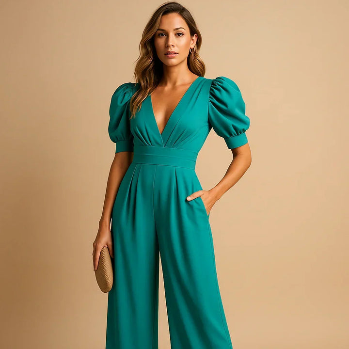Women's elegant puff-sleeve tailored jumpsuit featuring a wide leg design for formal evening wear