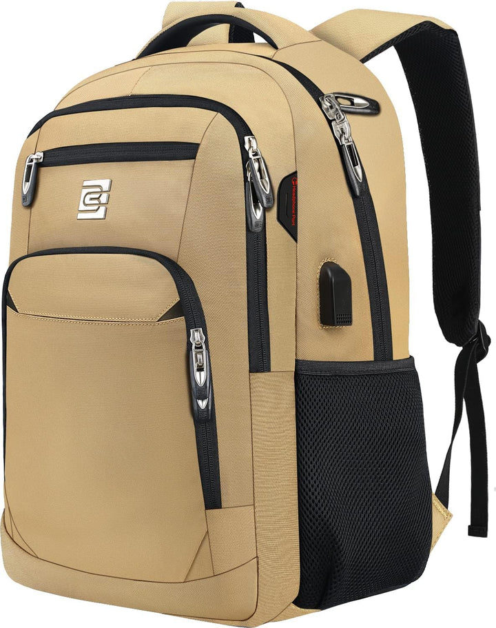 Khaki anti-theft laptop backpack with USB port and mesh side pocket