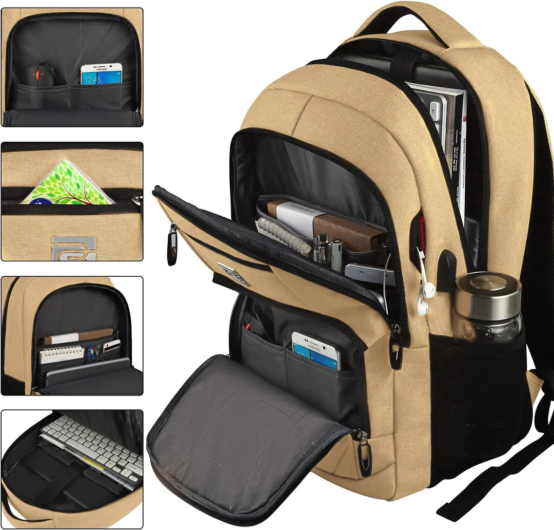 Open laptop backpack showing multiple interior compartments and organizational pockets