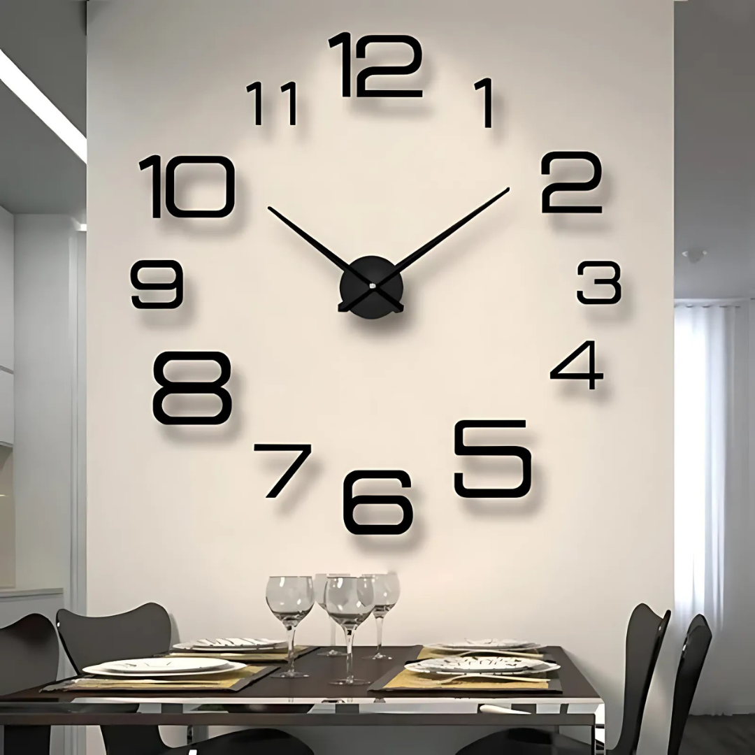 Large modern black wall clock mounted in a dining room interior