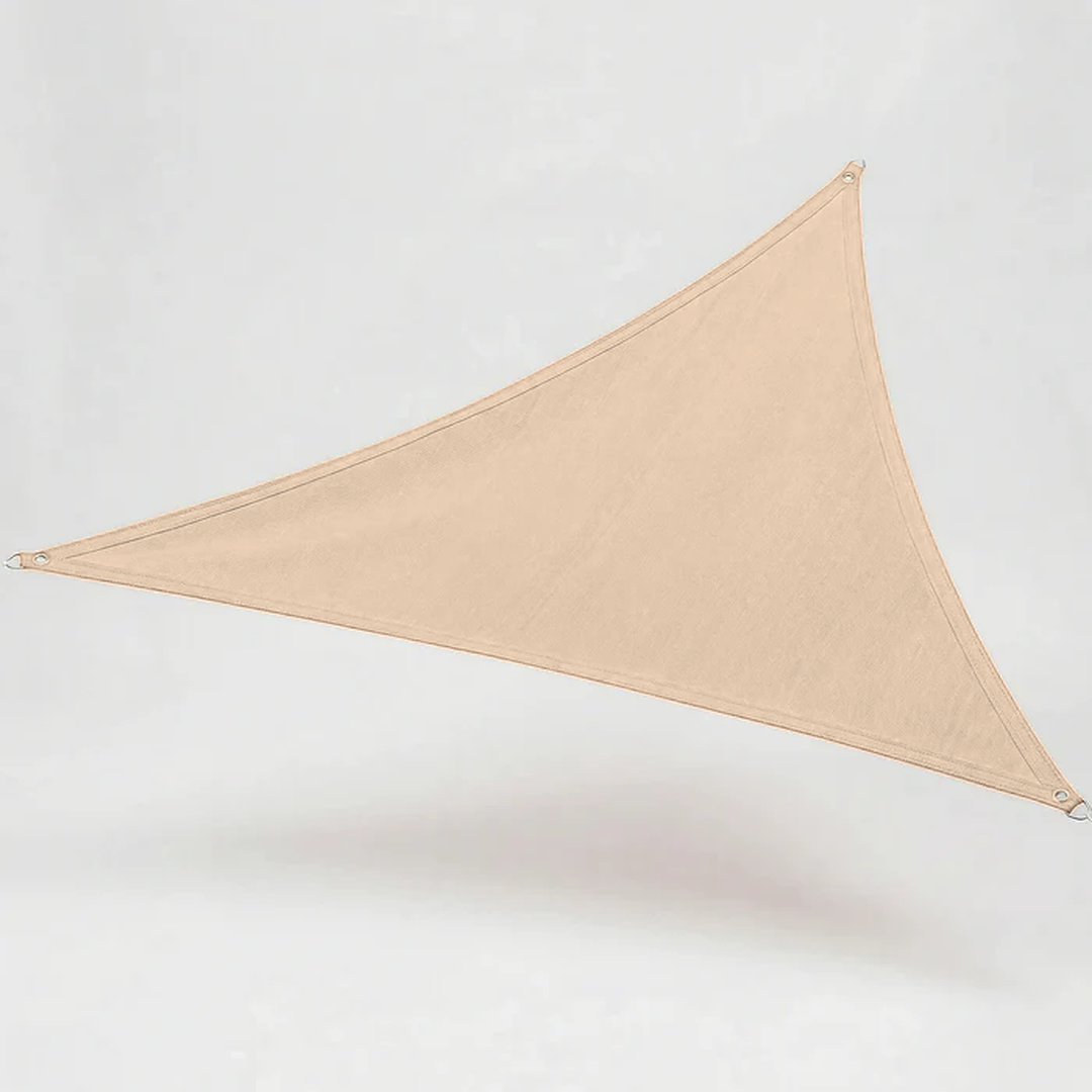 Large triangular sun sail in Soft Linen beige color suspended outdoors