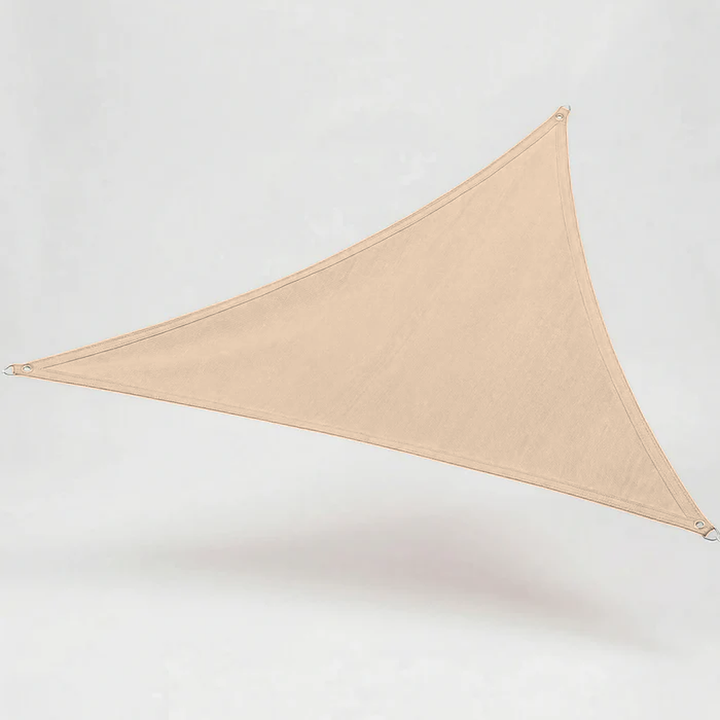 Large triangular sun sail in Soft Linen beige color suspended outdoors
