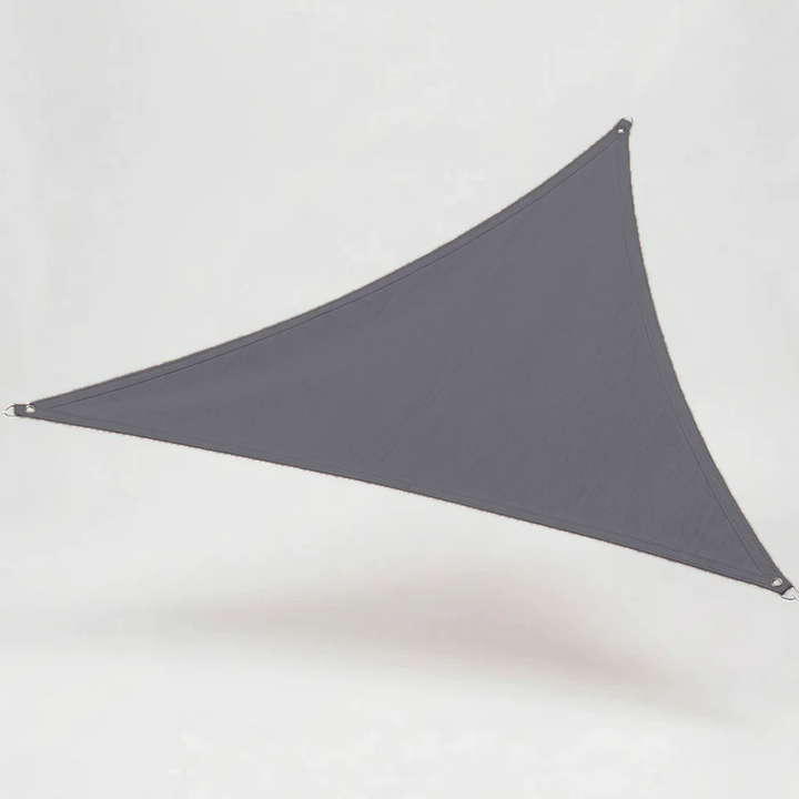 Close-up of durable reinforced D-ring corner stitching on a triangle sun sail