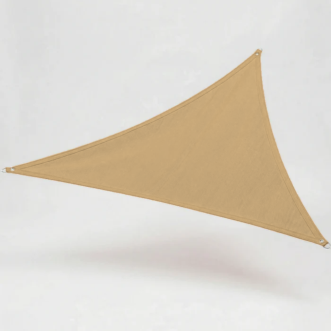 Triangular sun sail shade canopy folded neatly next to stainless steel hardware