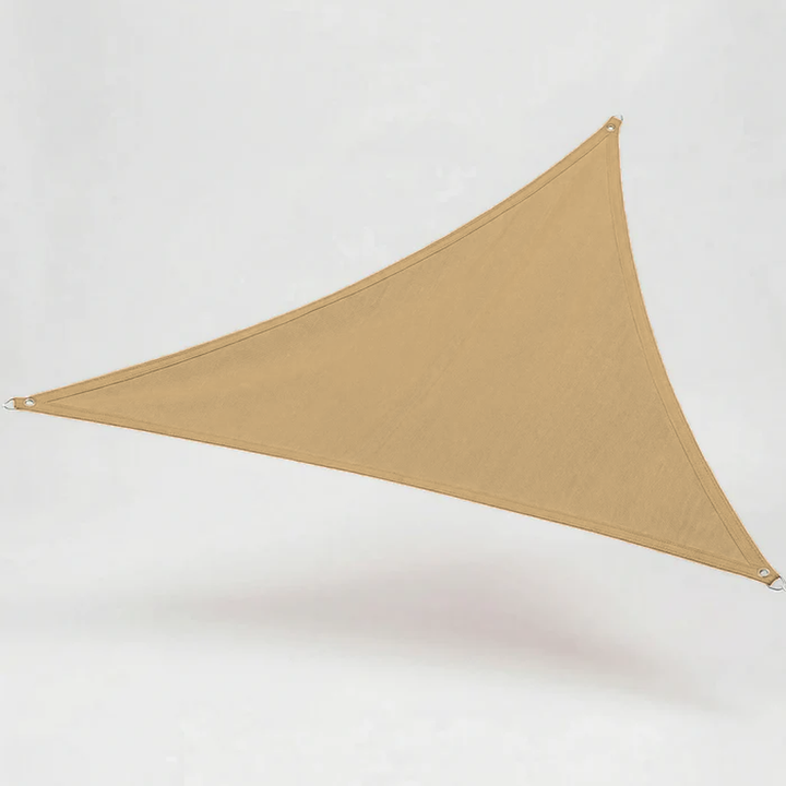 Triangular sun sail shade canopy folded neatly next to stainless steel hardware