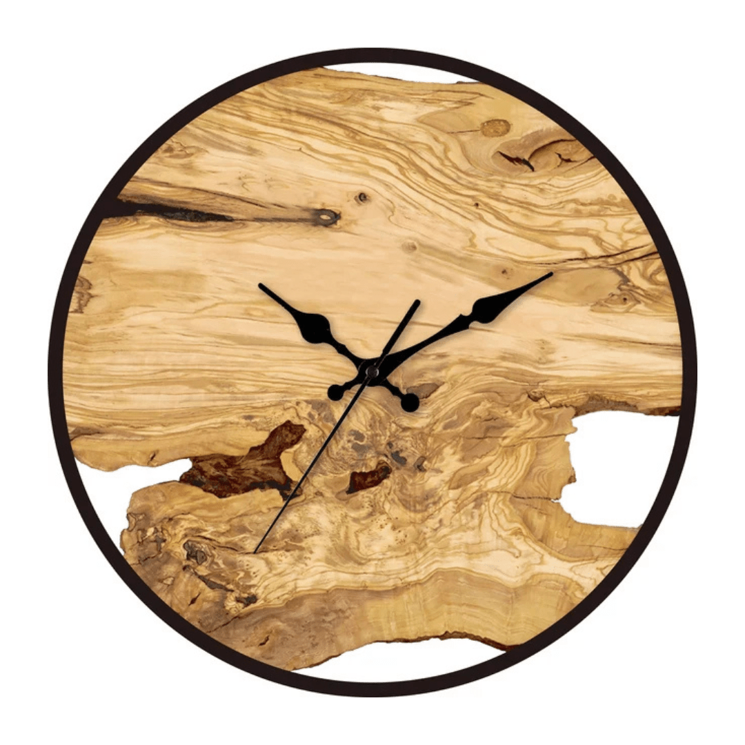 Close up view of the modern minimalist wall clock face with wood texture and black frame