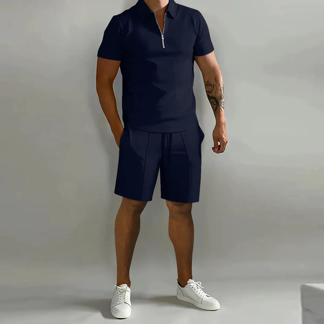 Full length view of the mens two-piece outfit styled for relaxation