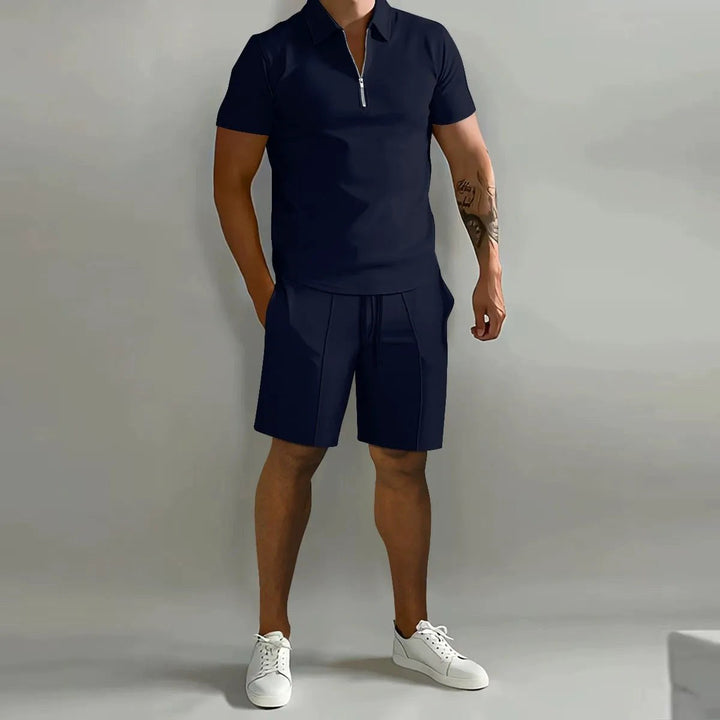 Full length view of the mens two-piece outfit styled for relaxation