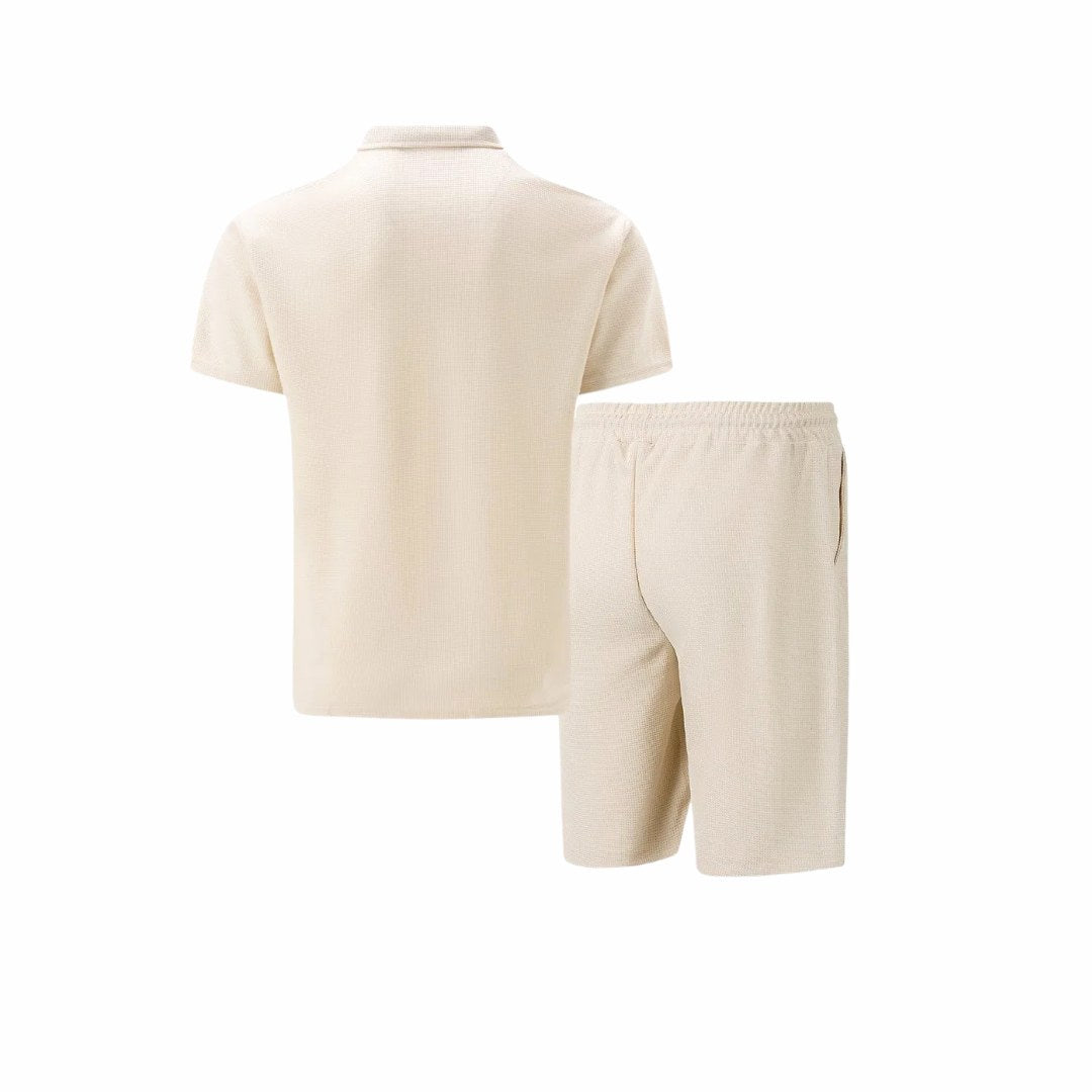 Mens zip-neck polo and shorts lounge set in casual summer wear style