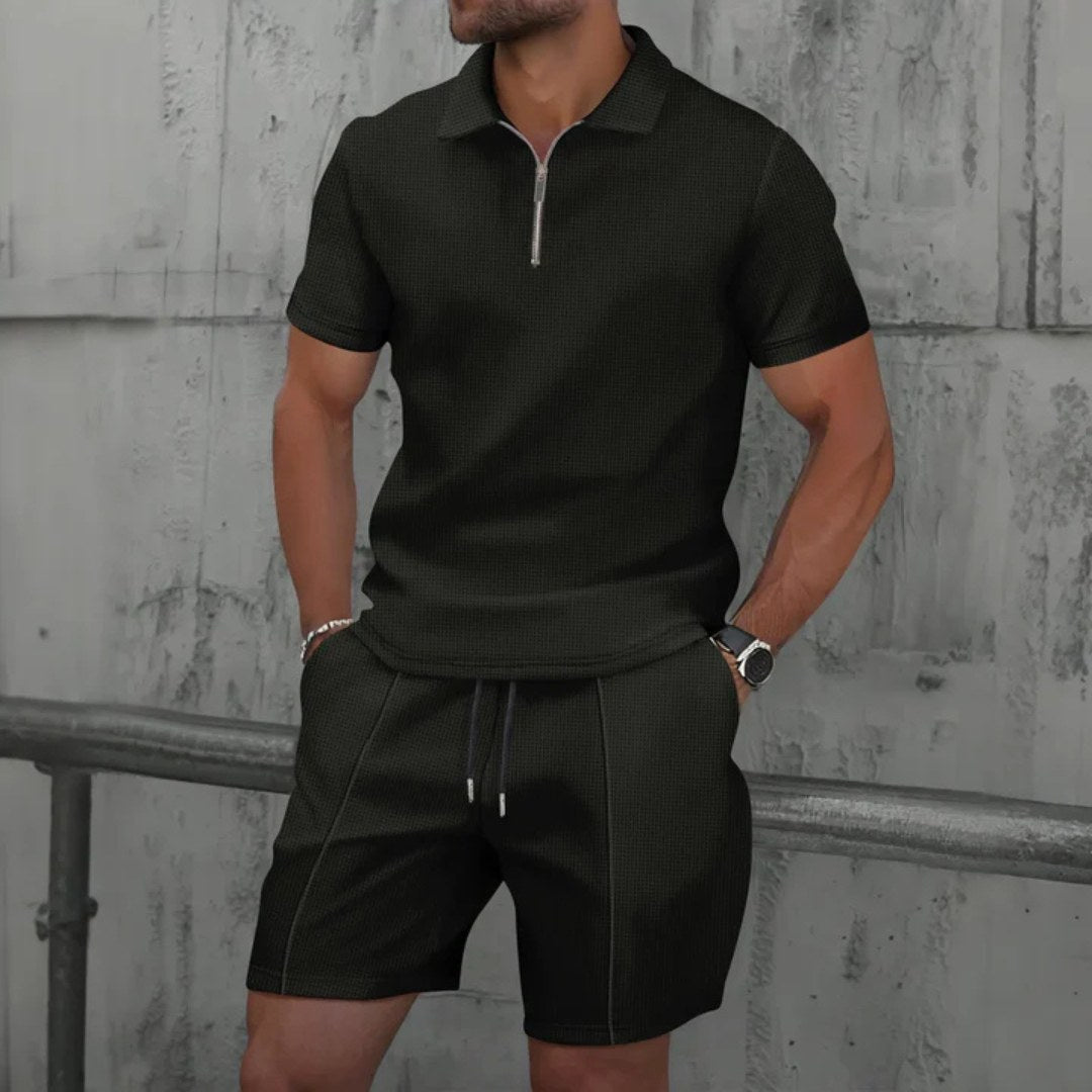 Close-up of the zip polo collar on the mens two-piece summer outfit