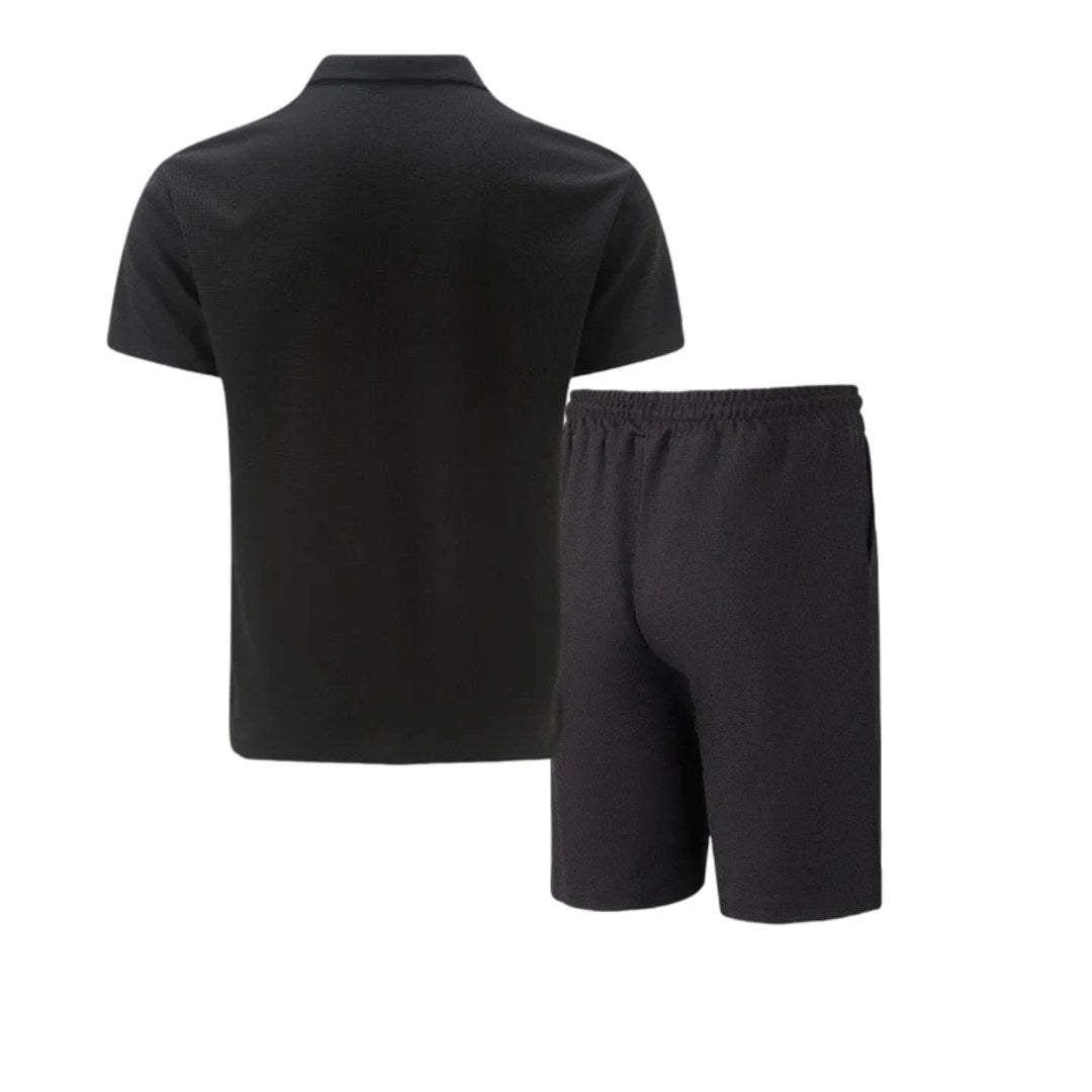 Side profile of the mens activewear polo shorts set for warm weather