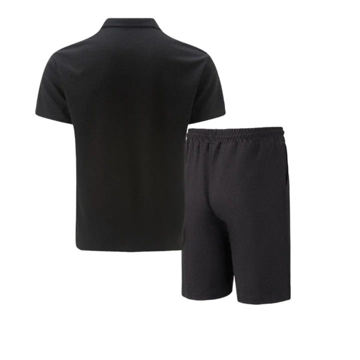 Side profile of the mens activewear polo shorts set for warm weather