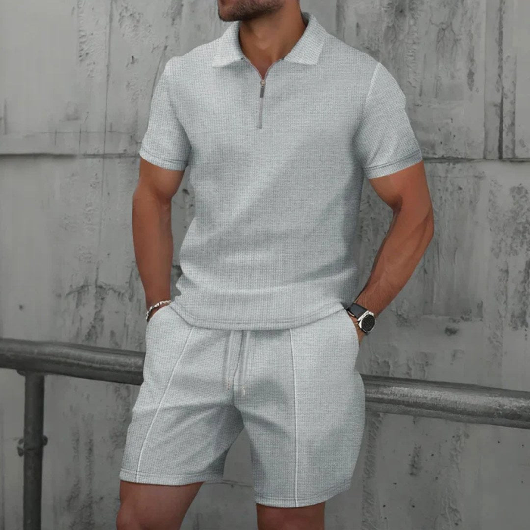Back view of the mens two piece outfit featuring breathable fabric