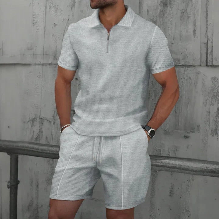 Back view of the mens two piece outfit featuring breathable fabric
