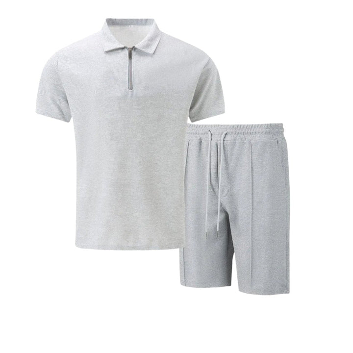 Textured fabric close-up of the mens summer menswear polo and shorts