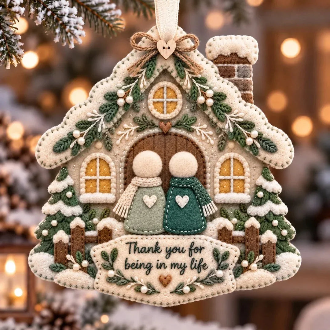 Cottage shaped layered felt thank you keepsake ornament with winter scene