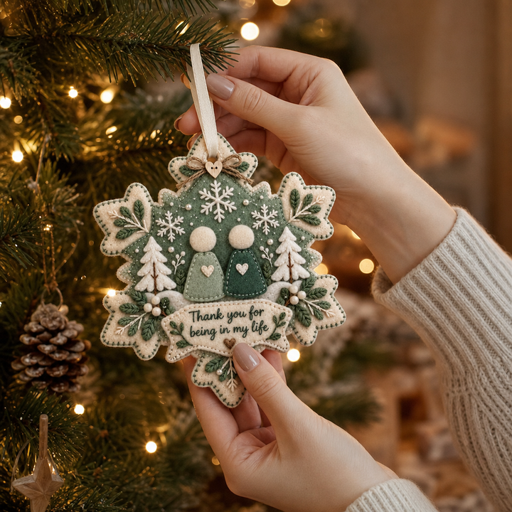 Seasonal holiday decor felt ornament with gratitude message and decorative ribbon