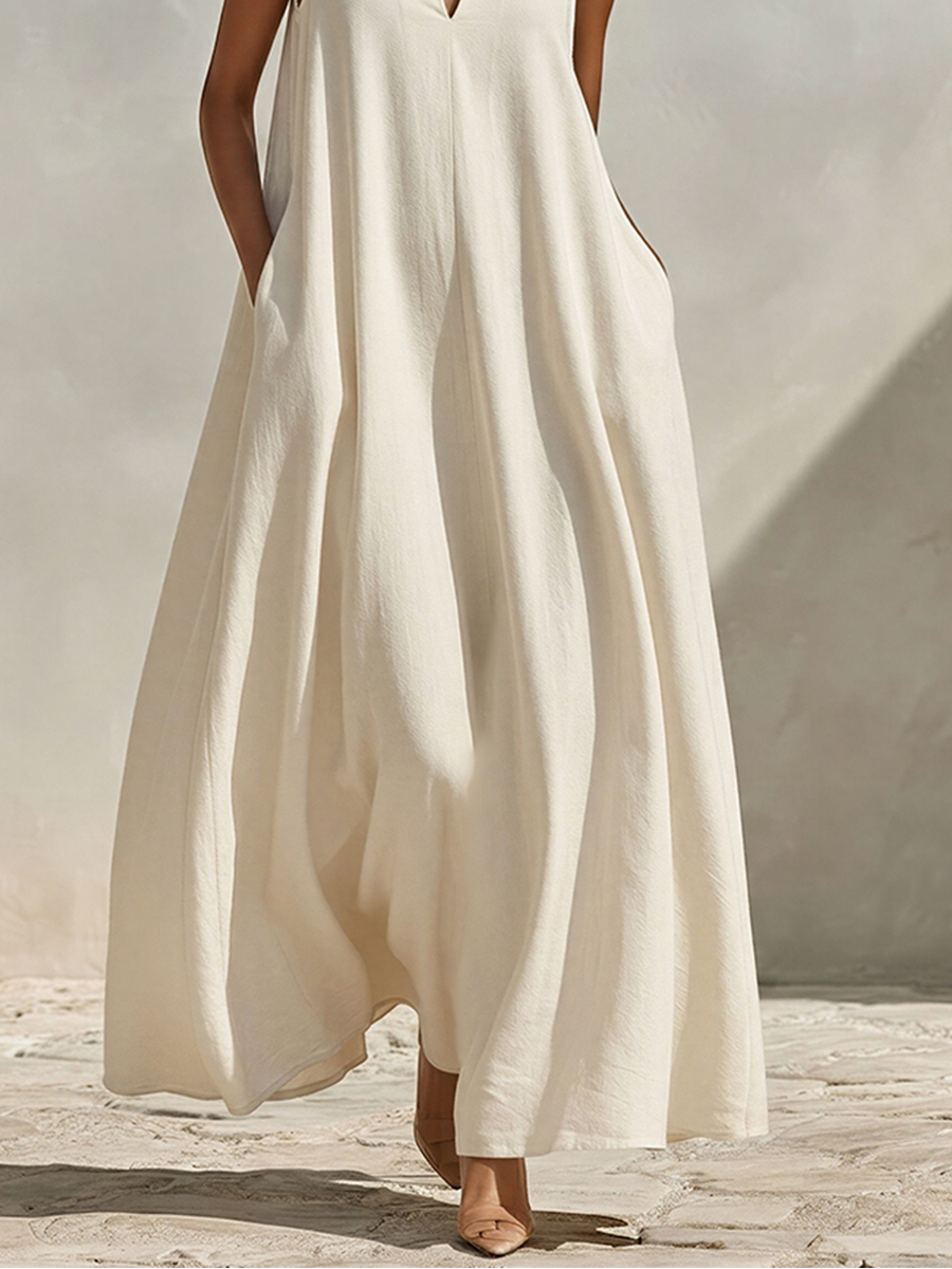 Cream sleeveless V-neck maxi dress with casual fit and pockets