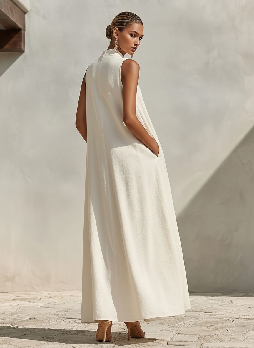 Womens summer maxi dress in cream featuring V-neckline