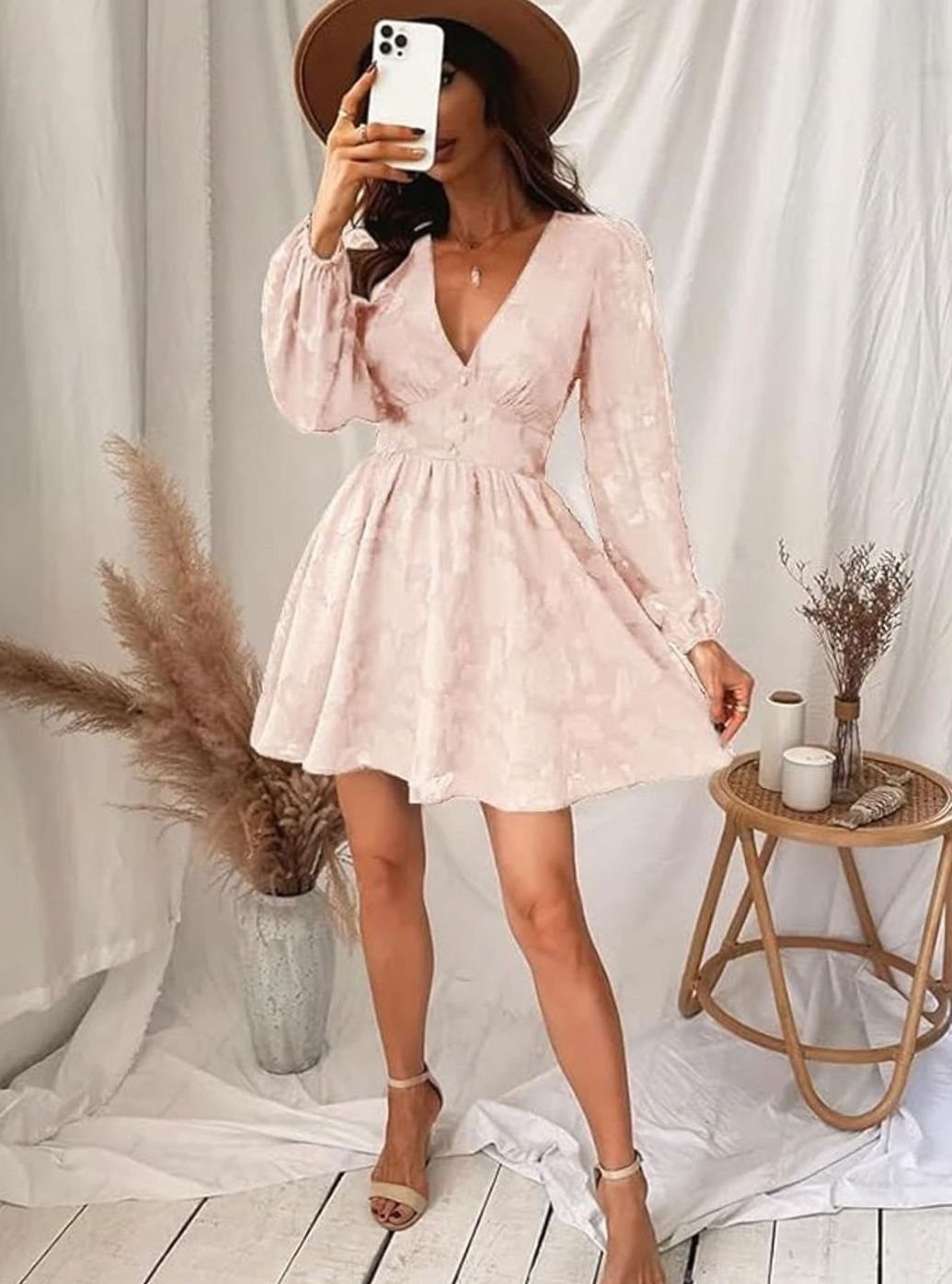Long sleeve a-line party dress with textured floral weave