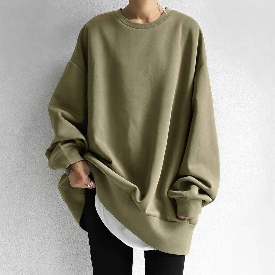 Woman wearing Leanne oversized tunic sweater in army green color