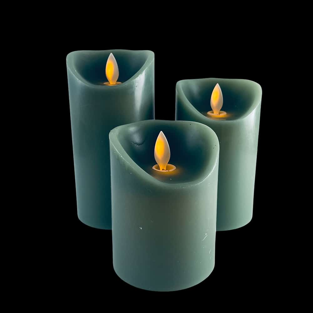 Close-up of realistic 3D flame on wax-finished LED block candles