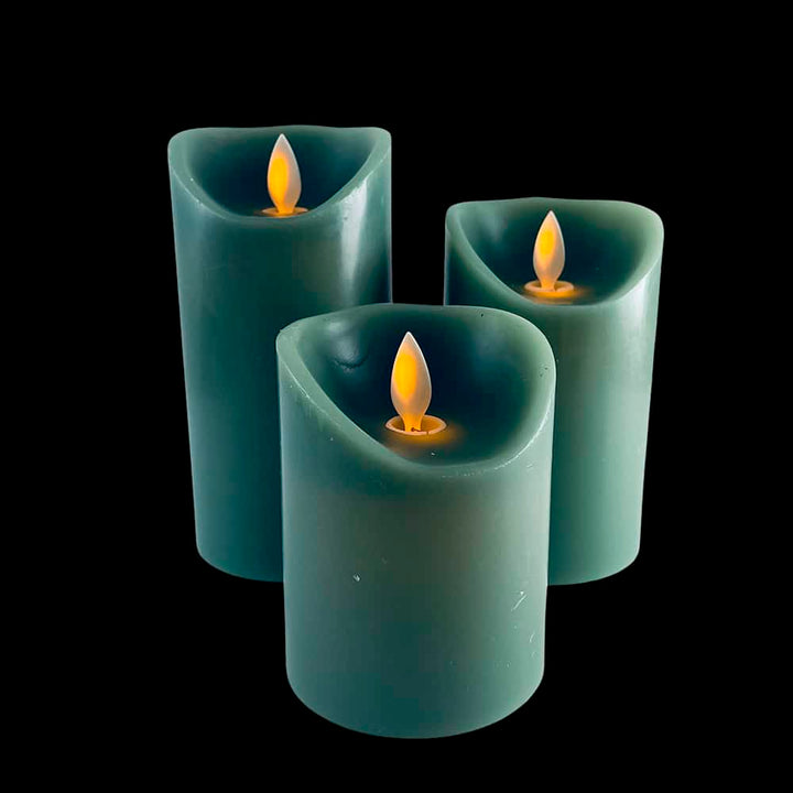 Close-up of realistic 3D flame on wax-finished LED block candles