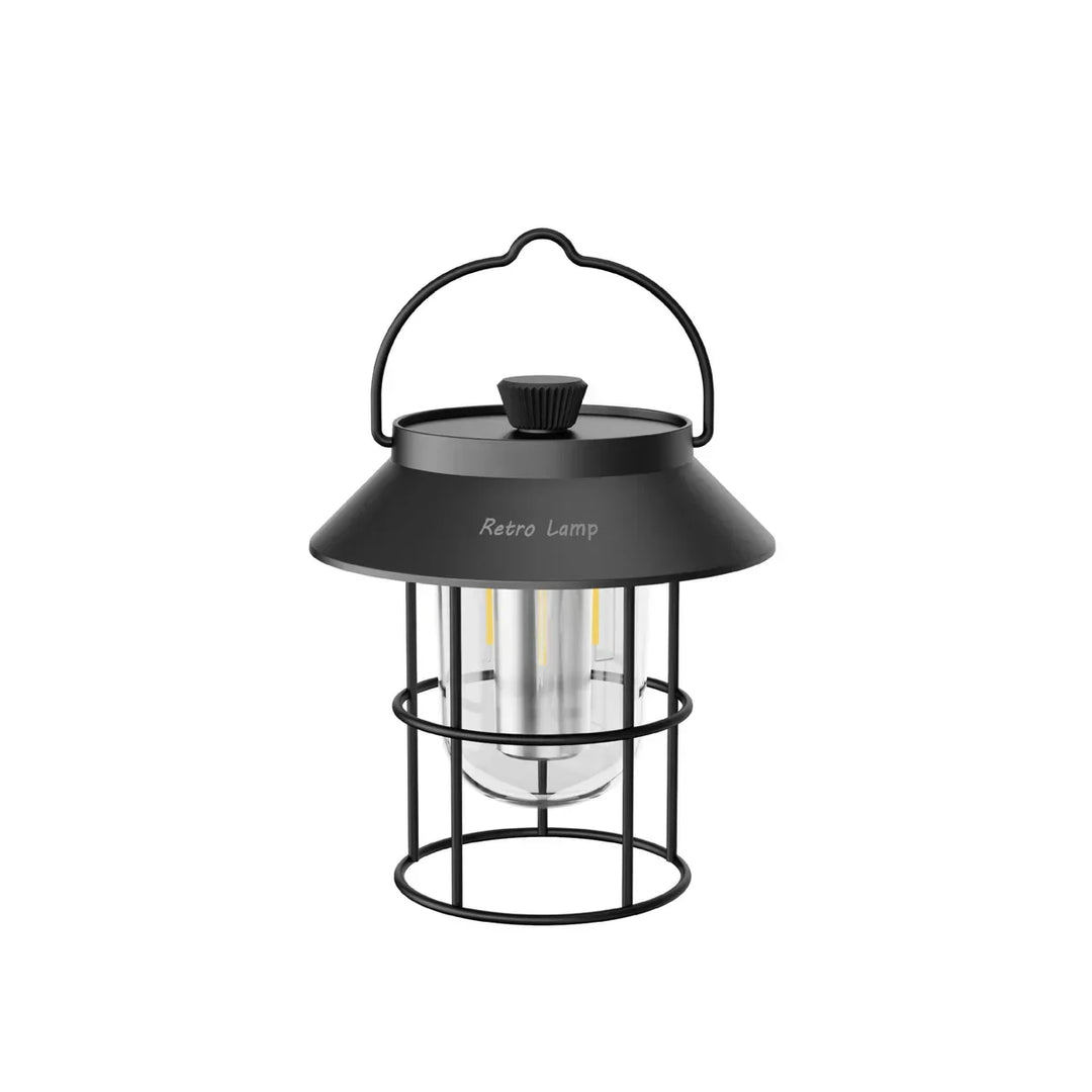 Black retro LED camping lantern front profile
