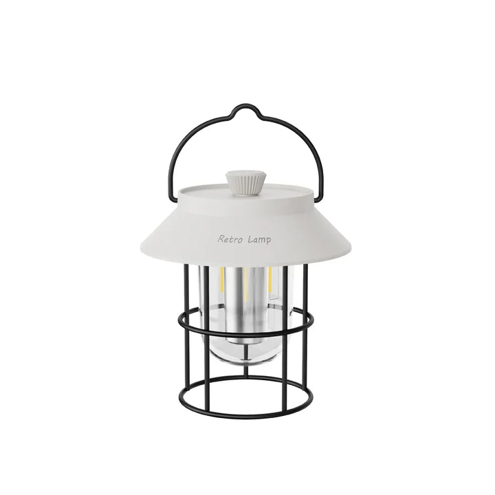 Retro LED camping lantern hanging in a tent, providing warm outdoor lighting