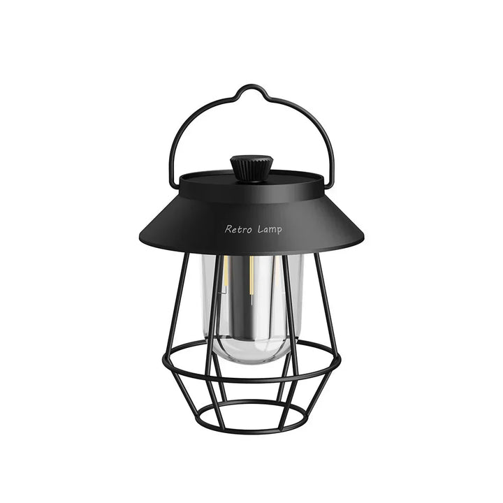 Black retro LED camping lantern hanging view
