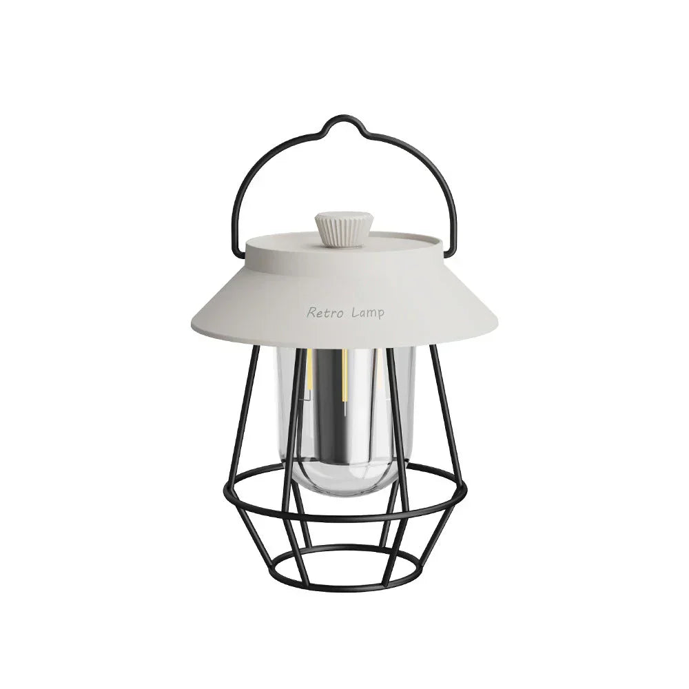 White retro LED camping lantern front profile