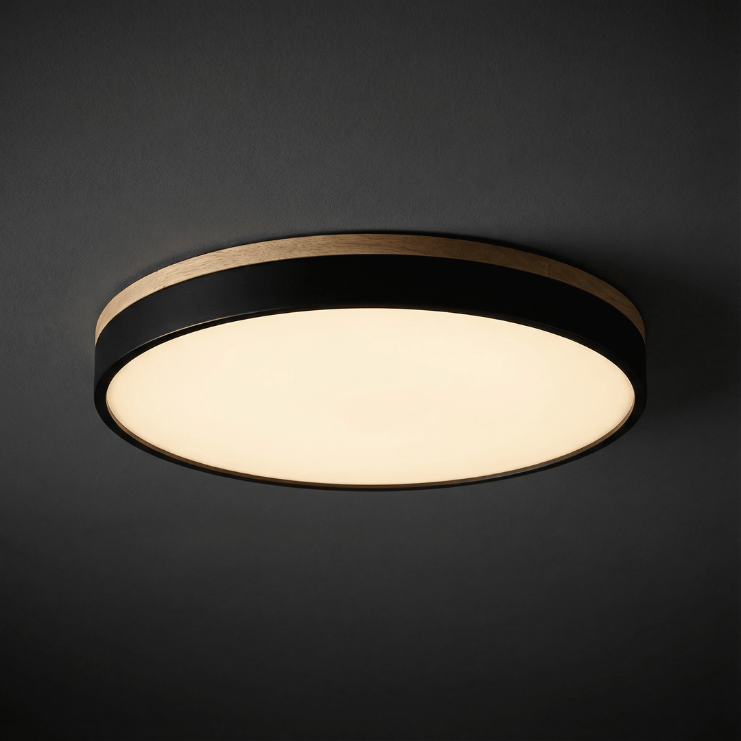 Modern black LED ceiling lamp mounted on a dark textured ceiling