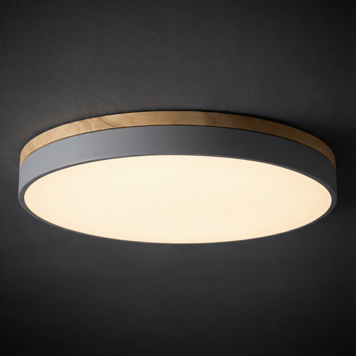 Modern gray LED ceiling lamp illuminating a room with warm ambient light
