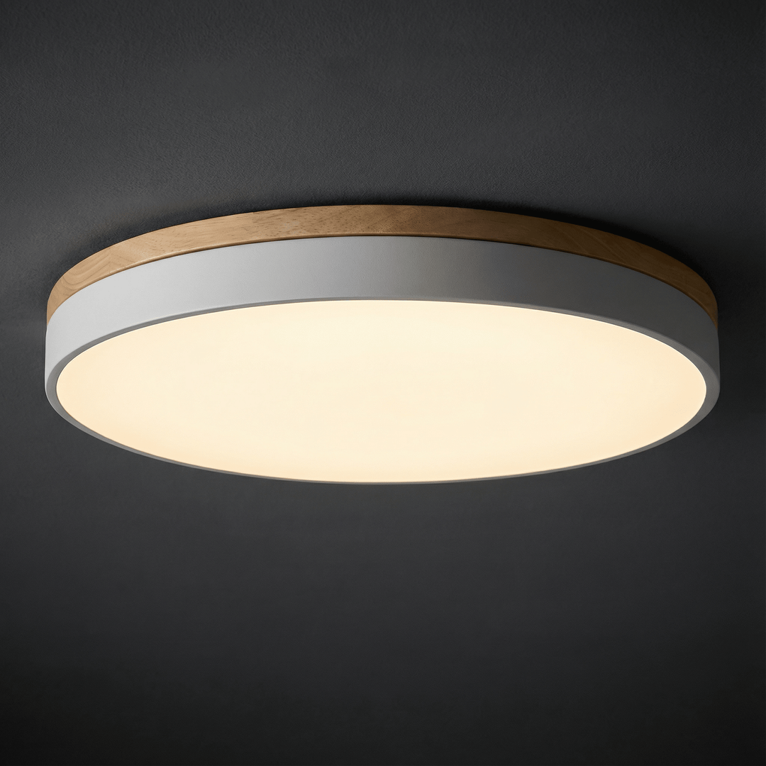 Modern white LED ceiling lamp showing flush mount wooden accent ring