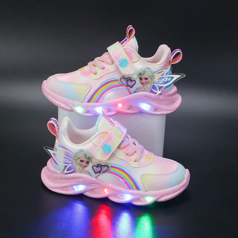 Pink children's LED light-up sneakers with rainbow glitter and character graphics